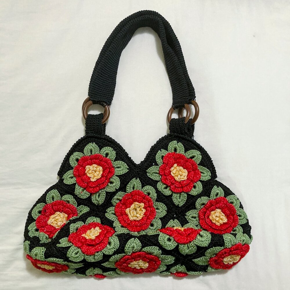 Stunning Women's Crocheted Handbag - 3D Red Chrysanthemums with Yellow Centers